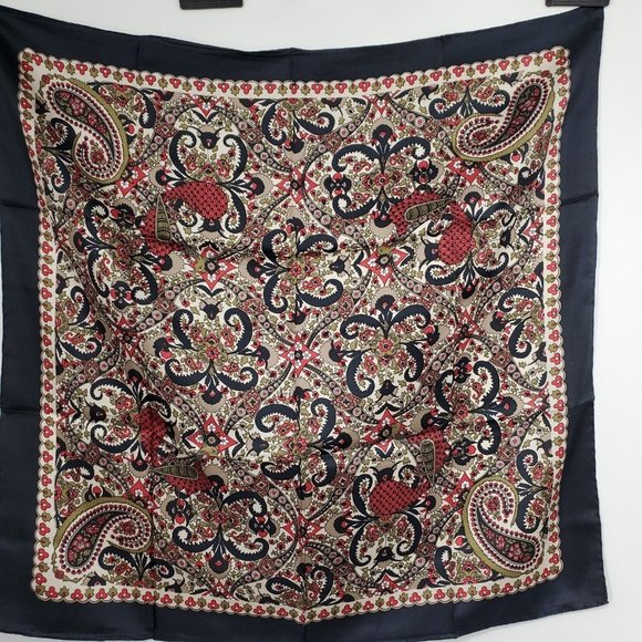 Vintage Silk Scarf Square  Black Tan Paisley 31" Square Twill Hand Rolled - Picture 2 of 11